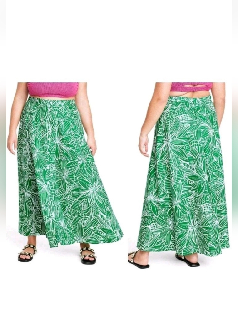 Tabitha Brown for Target Linear Floral Print Maxi Skirt Green Size M Nwot